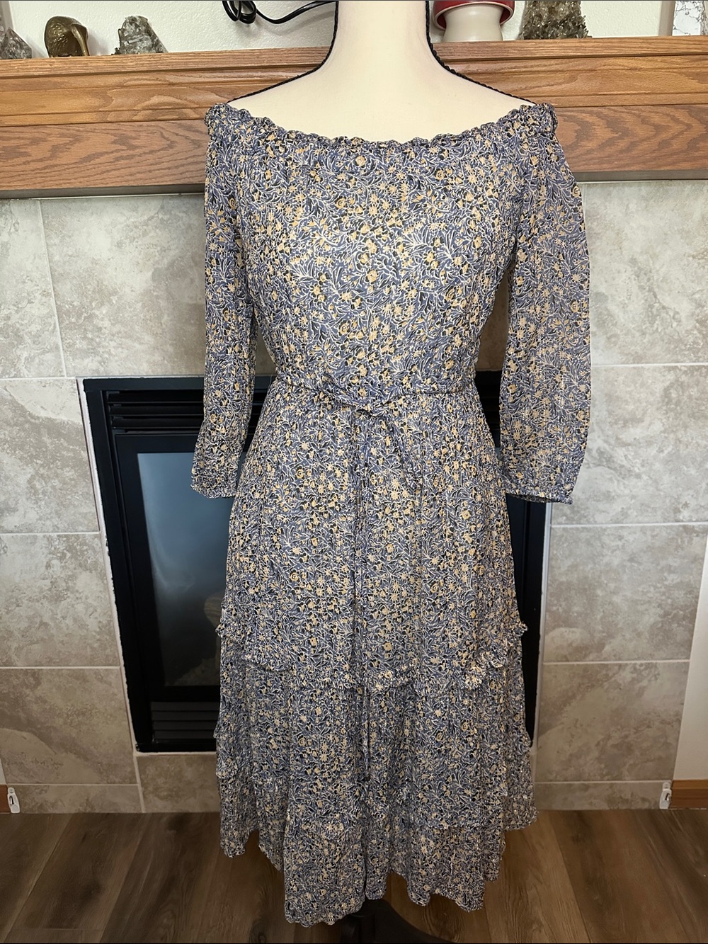 Anthropologie Women’s Blue Floral Off-Shoulder Tiered Ruffle Maxi Dress Size 0